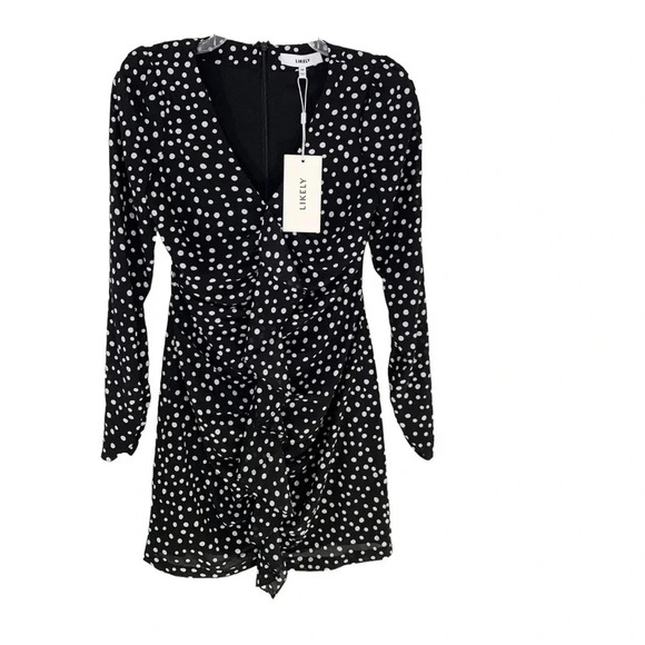 Likely Corinne Ruffle Front Polka Dot Mini Dress Black Size 00 NWT - Picture 3 of 9